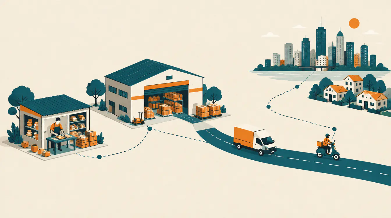An illustrated route: a supplier workshop sends parcels to a warehouse, then a van and a scooter courier carry them to homes and a city.