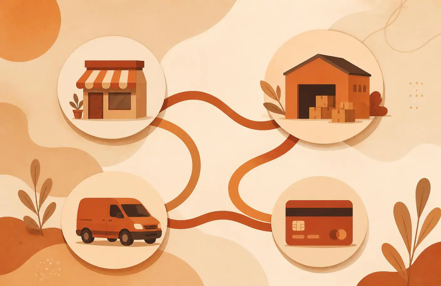 A storefront, a supplier warehouse, a courier van and a payment card joined by a winding route